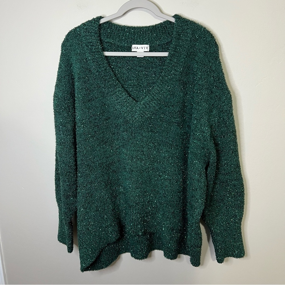 Ava & Viv Green Metallic Sparkly V-neck Sweater size 1X